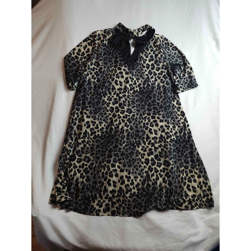 Loveriche Shift Dress Womens Large Multicolor Woven Leopard Print Keyhole Mock